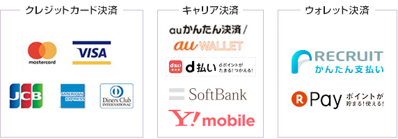 DC、VISA、MASTER、JCB、AMEX、DISCOVER、au、dケータイ払いプラス、Softbank、リクルートかんたん支払い、楽天ペイ