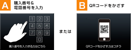 A 購入番号&電話番号を入力 B 購入完了メールにあるQRコードかざす